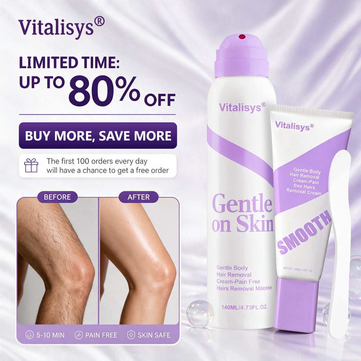 🔥🔥 Vitalisys® Нежен депилиращ крем за чувствителна кожа — Хипоалергенна формула, бързо обезкосмяване, подходящ за мъже и жени, идеален и за зоната около интимните части